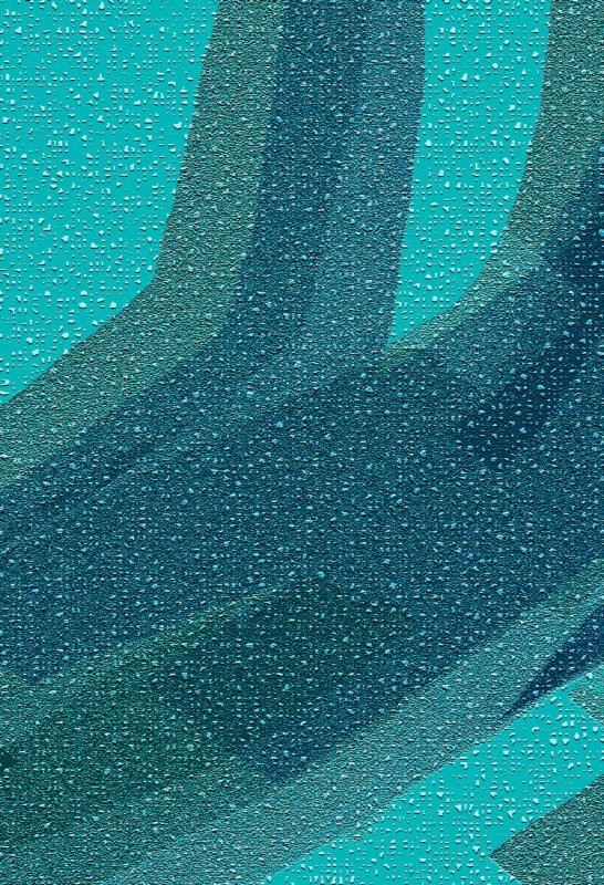Abstract teal painting with heavy sand-like texture and geometric swooping brushstrokes in shades of turquoise and cyan.