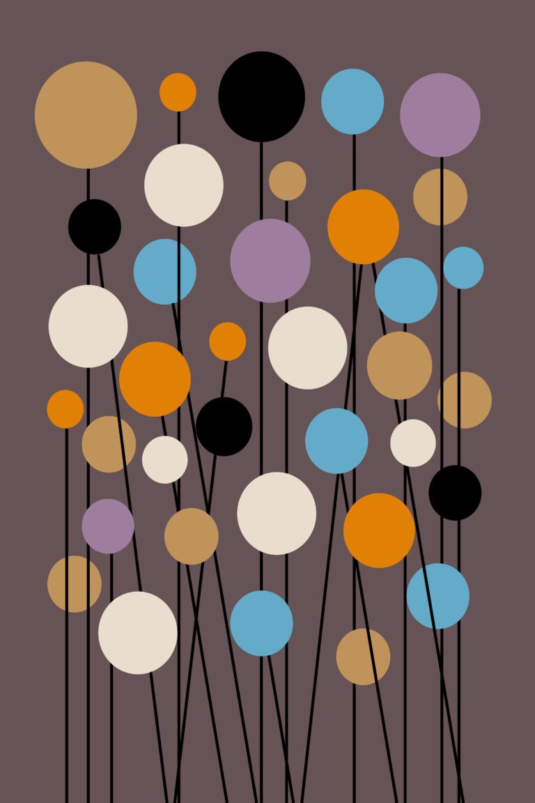 Abstract geometric art titled Carnation Flowers featuring various sized circles in muted orange, blue, purple, and tan on thin black vertical stems against a dusty mauve background.