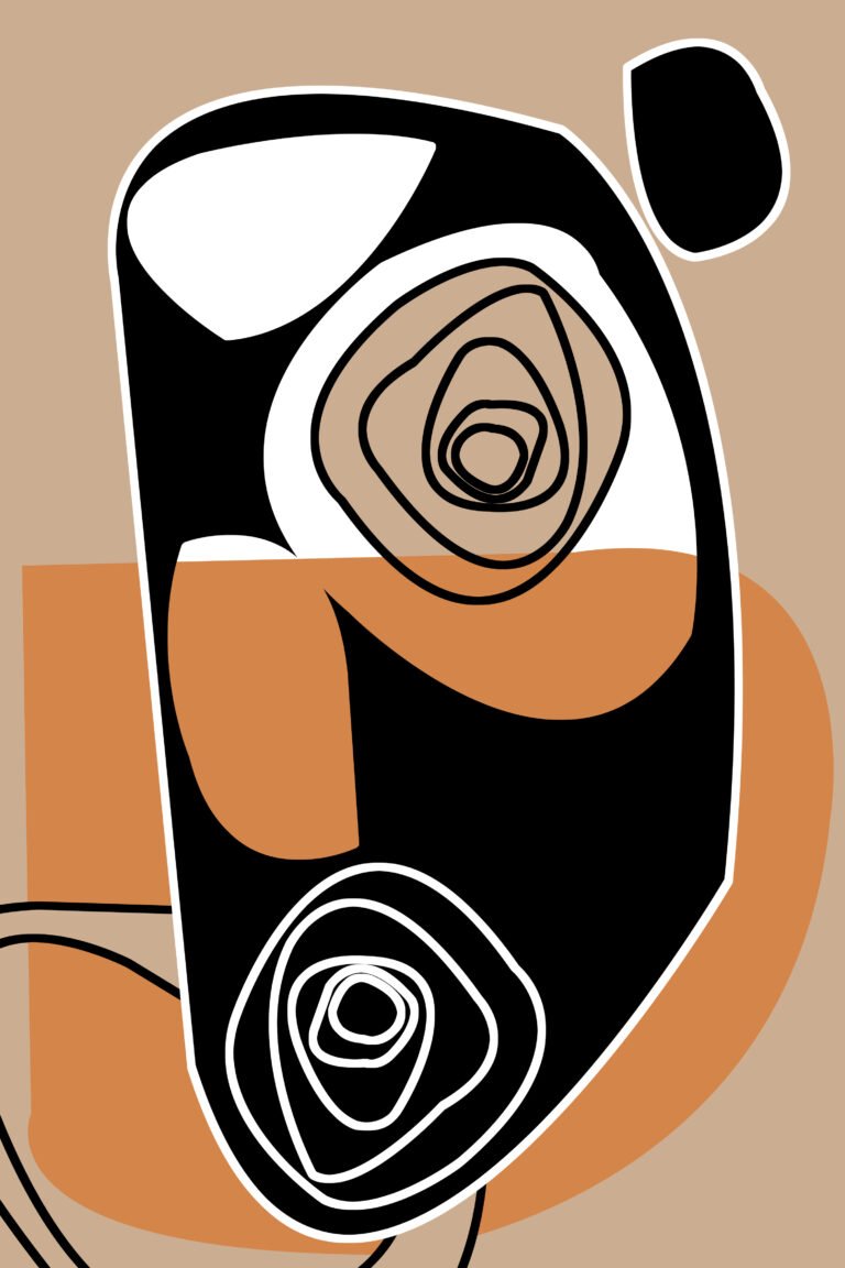 Abstract modern wall art poster titled Golden Ways featuring organic topographic line patterns, bold black and terracotta orange geometric shapes, and a minimalist earthy color palette.