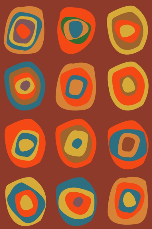 Abstract expressionist painting titled "It's Love in the Air" featuring 12 hand-drawn concentric circles in warm earthy tones of terracotta, orange, mustard yellow, and teal on a deep rust-red background.