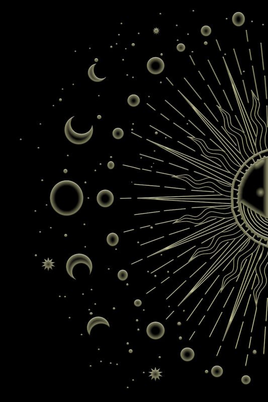 Celestial gold-toned line art of lunar phases orbiting a radiant sun on a black background; mystical moon and sun astrology wall art.