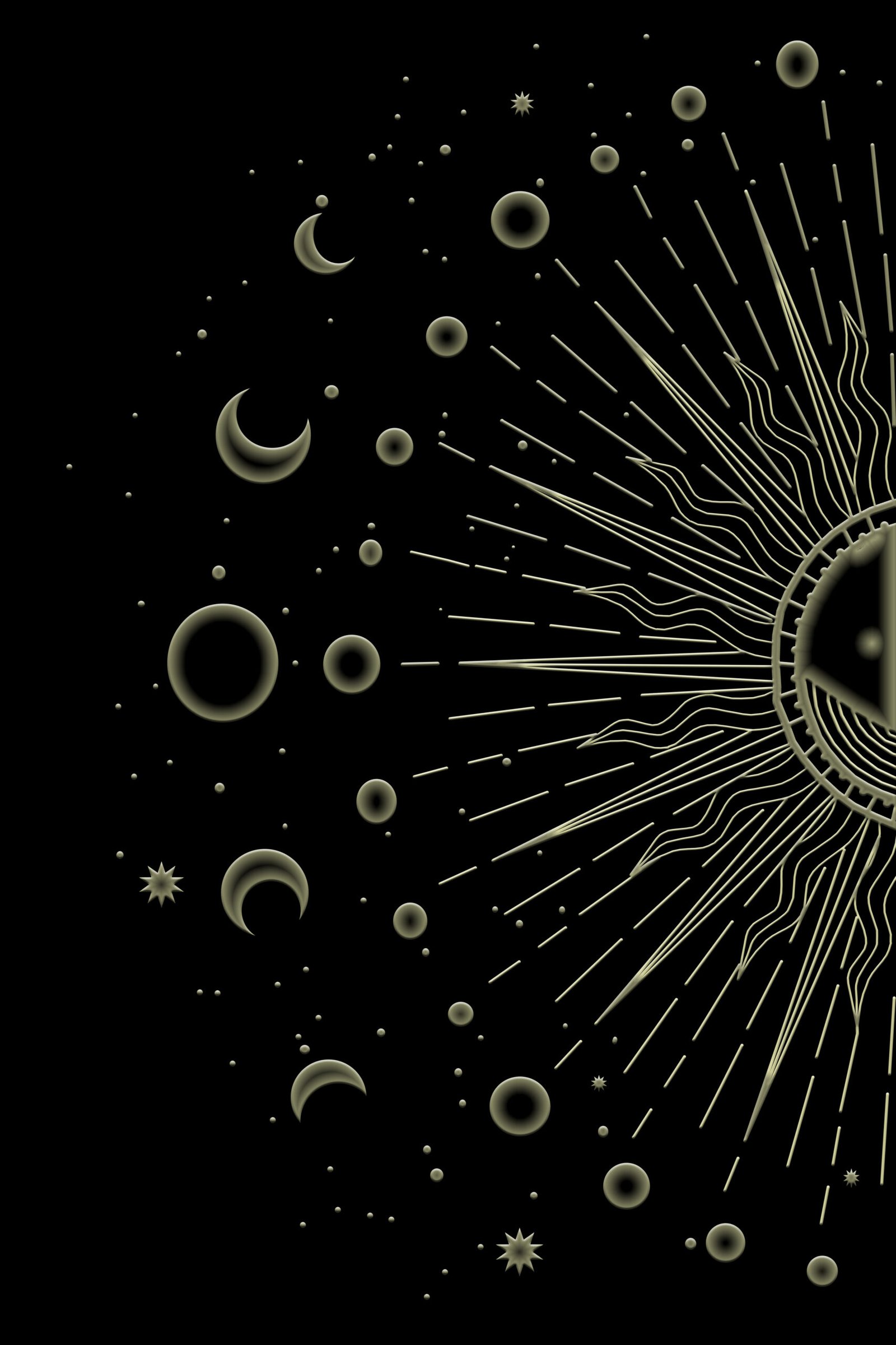 Celestial gold-toned line art of lunar phases orbiting a radiant sun on a black background; mystical moon and sun astrology wall art.