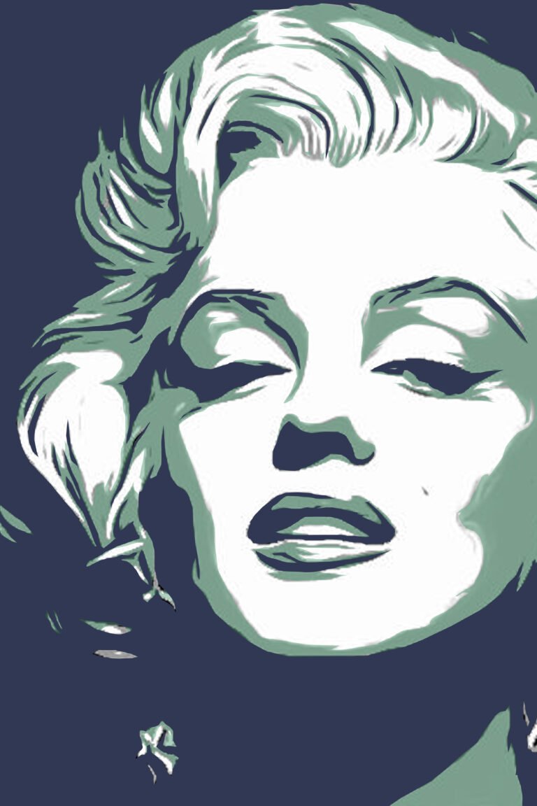 Digital stencil portrait of Marilyn Monroe poster in a Pop Art style, featuring a high-contrast color palette of navy blue, sage green, and white with a minimalist, graphic design aesthetic.