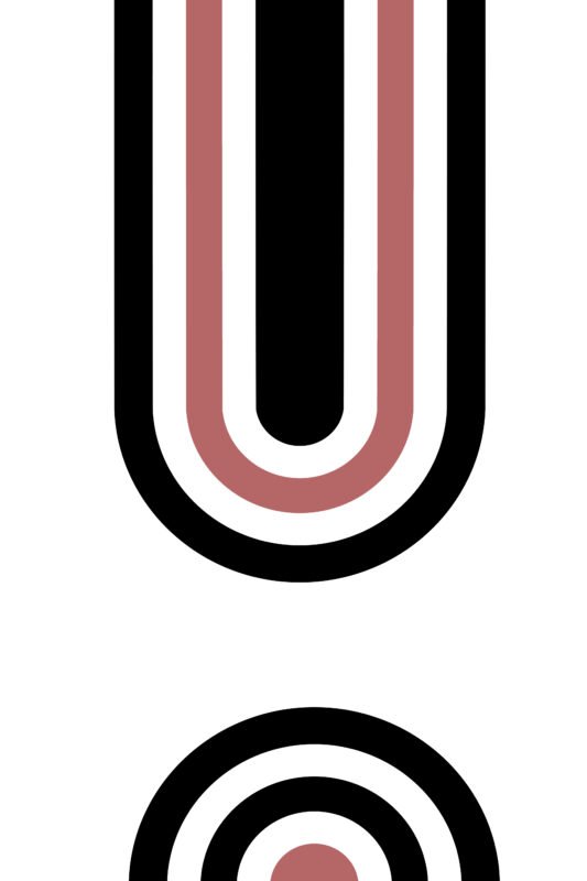 Minimalist arch art painting featuring vertical black and terracotta geometric lines forming a large U-shape arch and concentric circles on a white background.