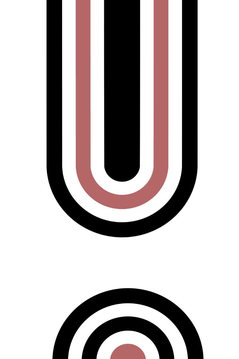 Minimalist arch art painting featuring vertical black and terracotta geometric lines forming a large U-shape arch and concentric circles on a white background.