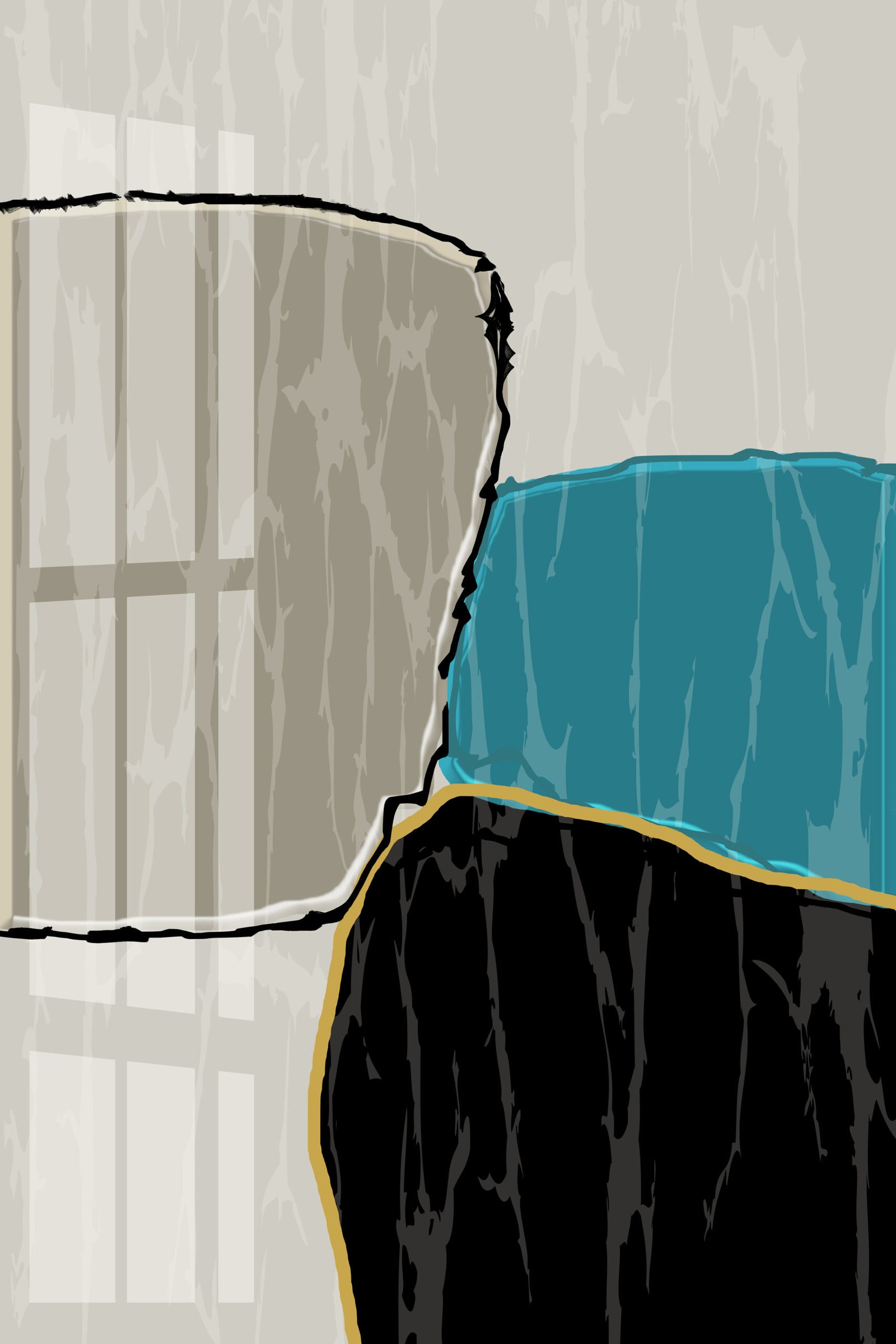 Minimalist abstract painting titled Minimalist River Canyon featuring organic shapes in teal, black, and beige with a gold vein detail and textured overlay.