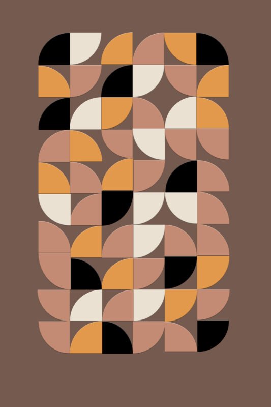 Abstract geometric artwork titled Petals of Desire featuring a modular pattern of semi-circles and quadrants in terracotta, ochre, cream, and black on a chocolate brown background.