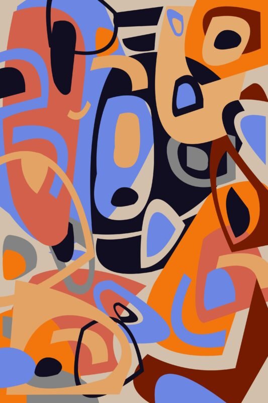 Abstract digital painting titled Waves of Joy featuring vibrant orange, blue, and coral organic shapes for modern home decor.