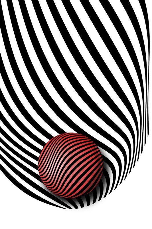 Contemporary abstract art poster featuring a 3D red and black striped sphere resting on a curved, monochromatic zebra-striped background with a deep shadow.