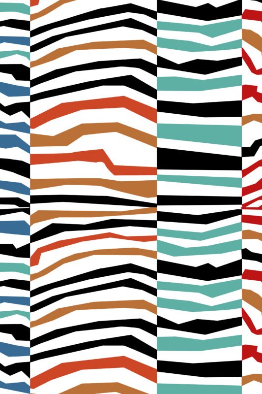 Abstract geometric painting titled "Endless Waves" featuring jagged, multi-colored horizontal stripes in black, terracotta orange, teal, and blue on a white background.