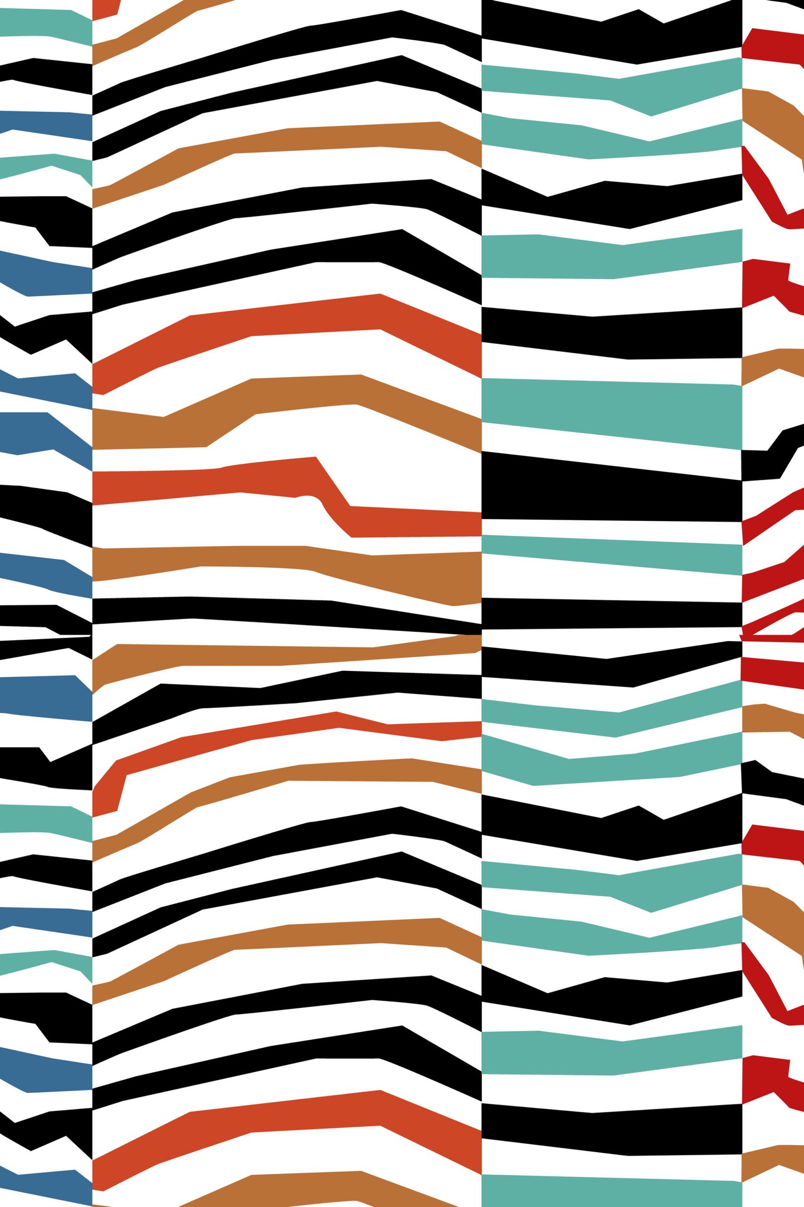 Abstract geometric painting titled "Endless Waves" featuring jagged, multi-colored horizontal stripes in black, terracotta orange, teal, and blue on a white background.