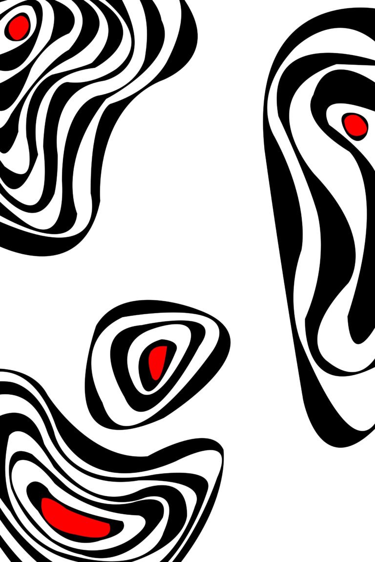 Abstract free spirit featuring black and white psychedelic fluid waves with vibrant red focal points on a white background.