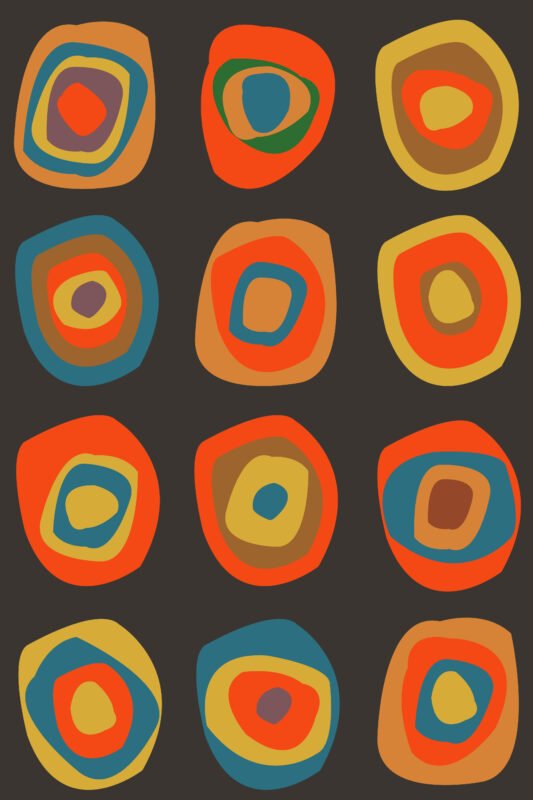 Abstract painting titled "It's a Paradise " featuring a 4x3 grid of colorful organic concentric circles in orange, teal, yellow, and brown on a dark charcoal background.