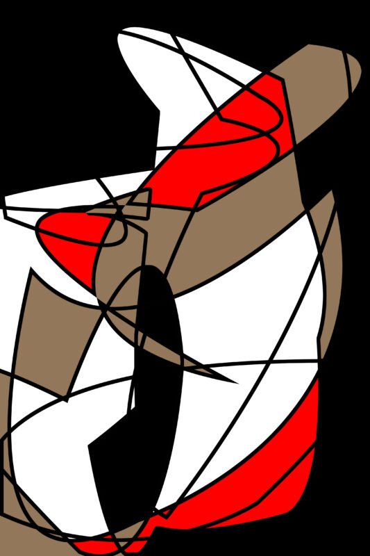 Modern abstract geometric painting titled 'Last Night' featuring bold red, tan, and white shapes with fluid black linework on a dark background.