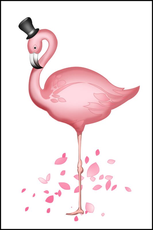 Digital illustration of a pink flamingo birds wearing a black top hat, standing on one leg surrounded by falling pink petals on a white background.