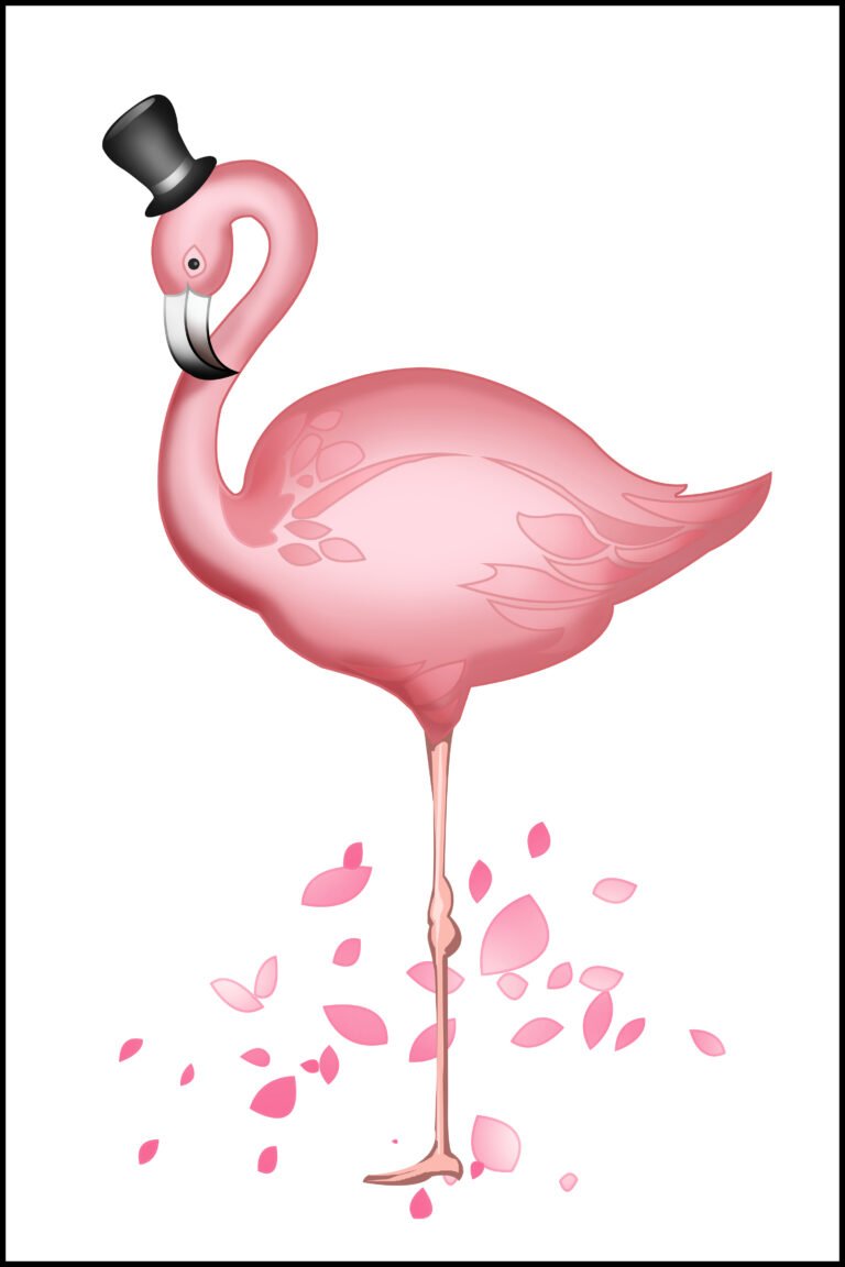 Digital illustration of a pink flamingo birds wearing a black top hat, standing on one leg surrounded by falling pink petals on a white background.