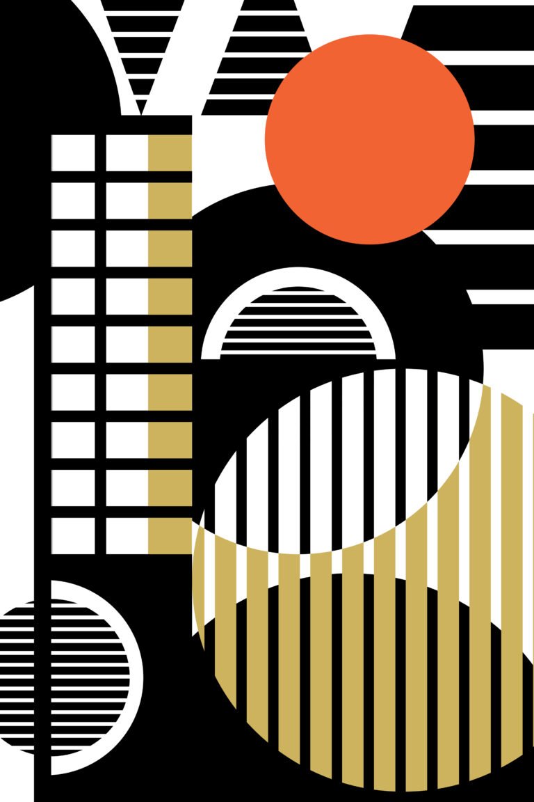 Pop Night Artwork: A modern geometric abstract painting featuring a bold orange sun, gold and black architectural shapes, and striped circular patterns against a high-contrast black and white background.