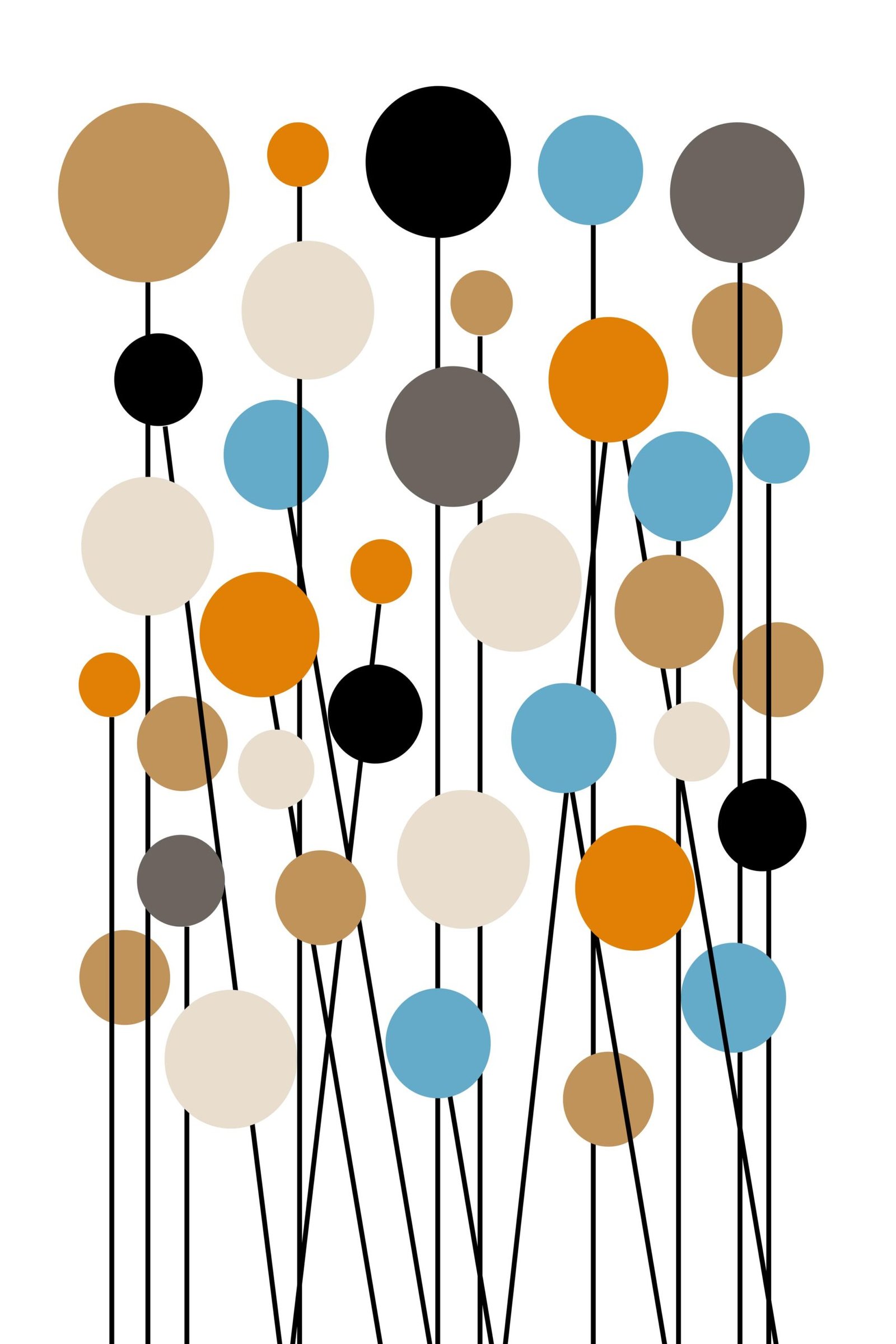 A minimalist digital painting titled Urban Flowers featuring colorful circles on slender black stems.